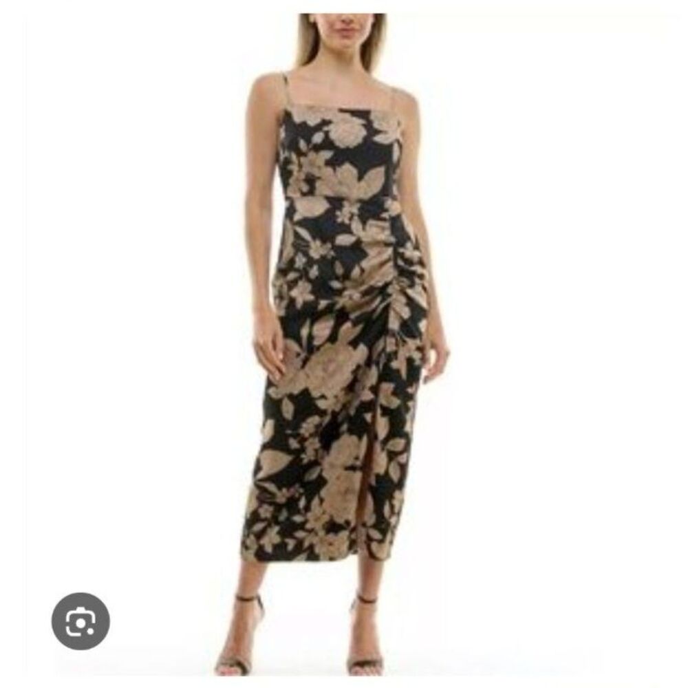 TAYLOR Floral Side Ruched High Slit Midi Dress Size 8 Black Taupe Square Neck